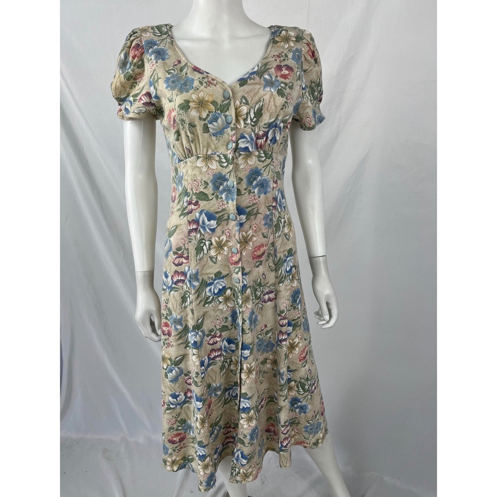 Joni Blair Vintage 90s Floral Button Front Midi Dress Puff Sleeve Small Tan Blue